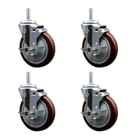 Service Caster 5 Inch Maroon Polyurethane Wheel Swivel 34 Inch Threaded Stem Caster Set with Brake SCC SCC-TS20S514-PPUB-MRN-TLB-34212-4